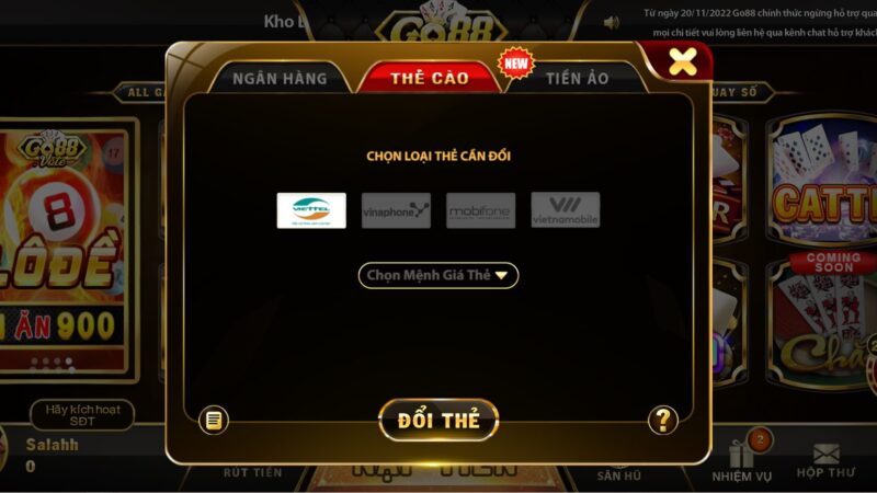 Người chơi có thể chọn đổi tiền thưởng ra thẻ điện thoại